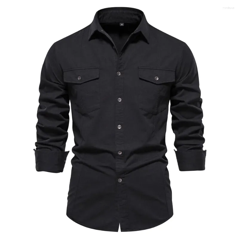 Camisas casuais masculinas primavera outono estilo militar camisa de bolso de algodão para homens cor sólida magro manga longa roupas