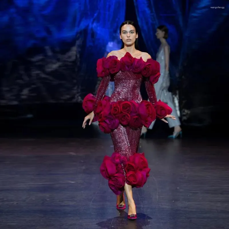 Vestidos casuais fabuloso vermelho rosa flor tornozelo comprimento mulheres para festa fora do ombro mangas completas vestidos de baile florais