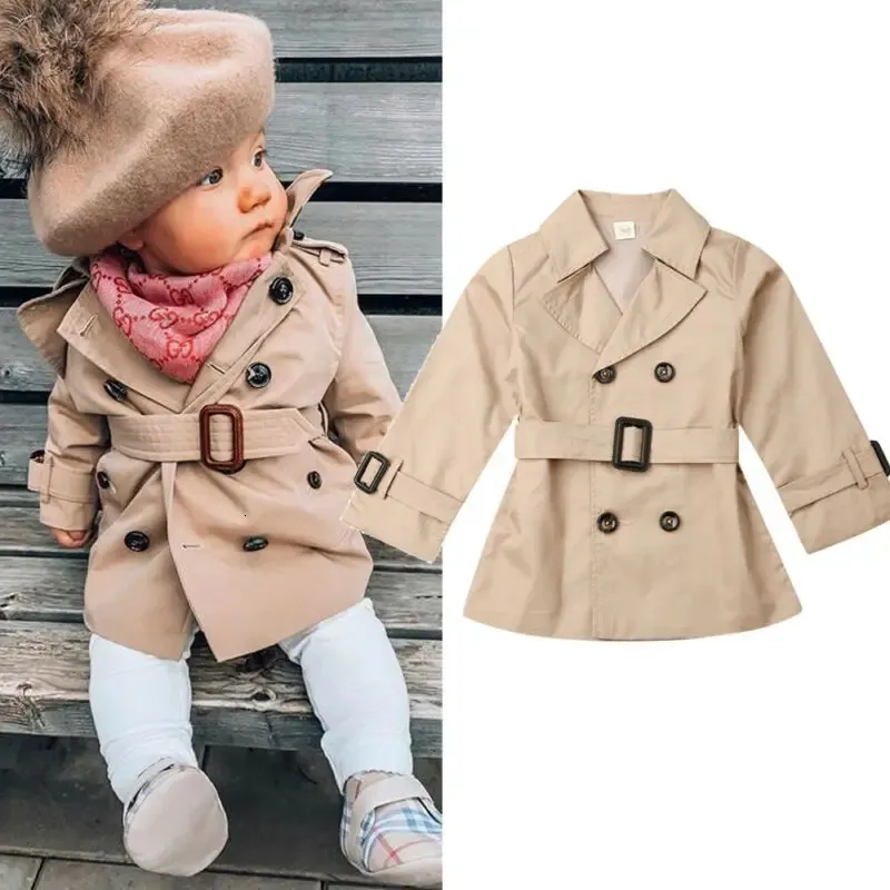 Autumn Winters Kid Baby Girl Trench Coats British style long sleeved belt jacket windproof button jacket 240118