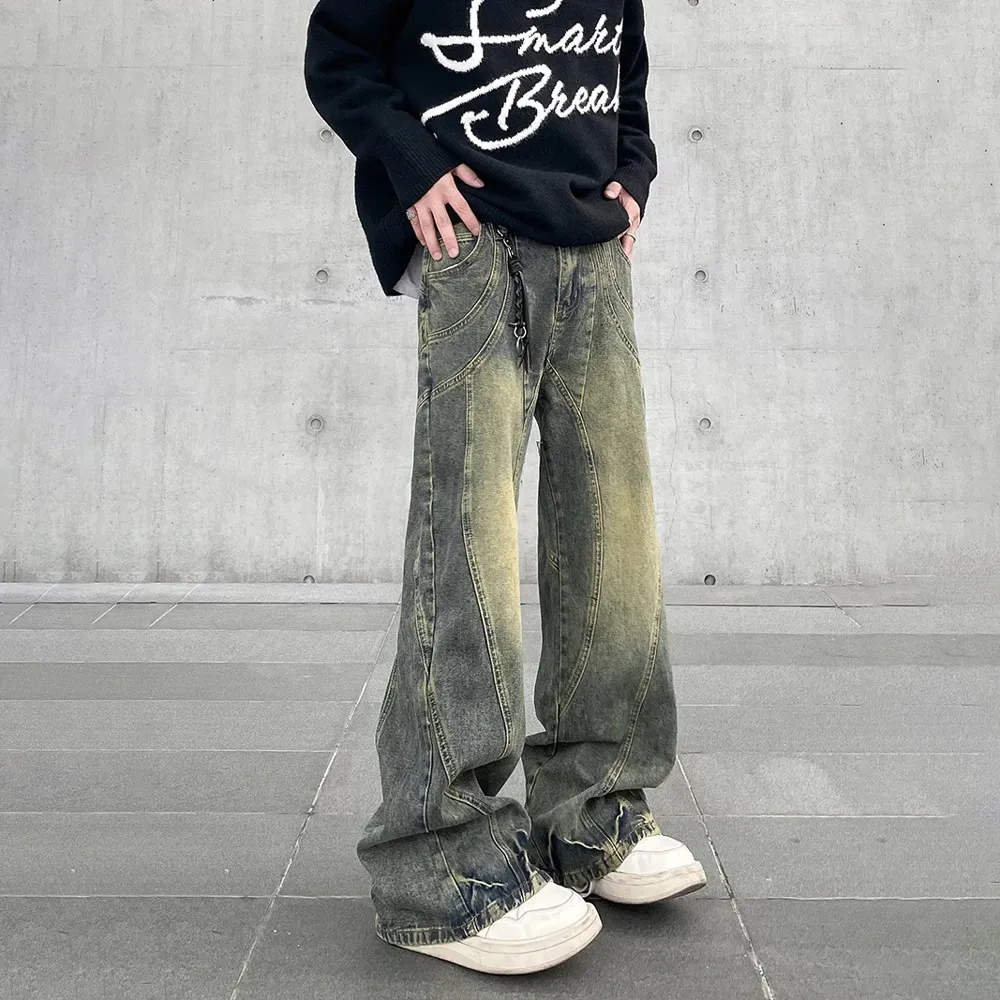 Jeans svasati vintage da uomo pantaloni larghi a gamba larga autunno streetwear moda distressed pantaloni denim Y2k originali da strada invernali 240117