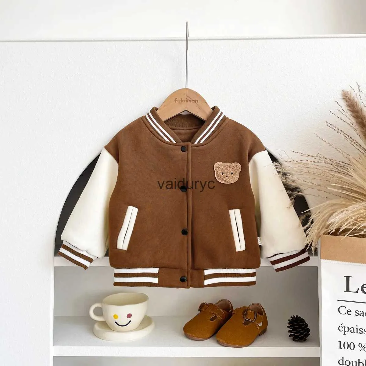 Jackets 2023 Winter New Baby Plus Velvet Thick Coat Cute Bear Infant Boy Baseball Jacket ldren Warm Kids Toddler Clothes H240508