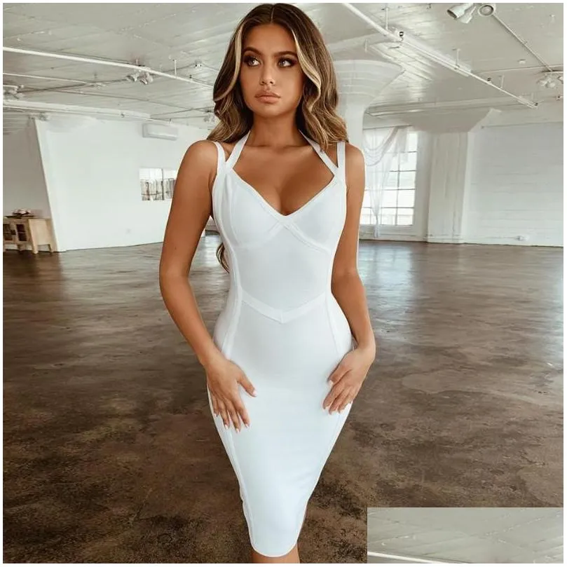 Grundläggande avslappnade klänningar Seamyla Ny bodycon bandage klänning kvinnor y röd vit halter v hals sommarklubb kändis party klänningar vestidos dhgay