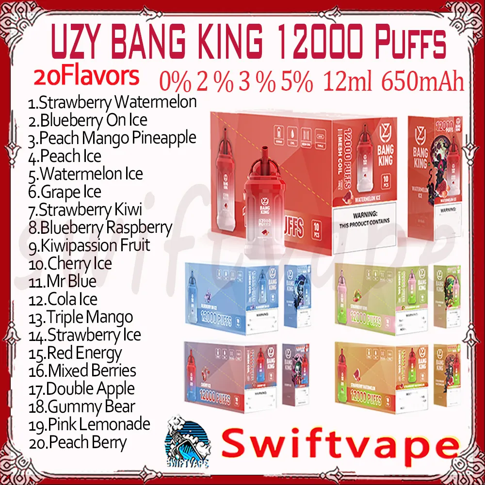 UZY BANG KING 12000 Puff Disposable E Cigarette 650mAh Rechargeable Battery 20 Flavors 23ml 0% 2% 3% 5% 12k Puffs Vapes Pen Starter Kit Authentic Wholesale