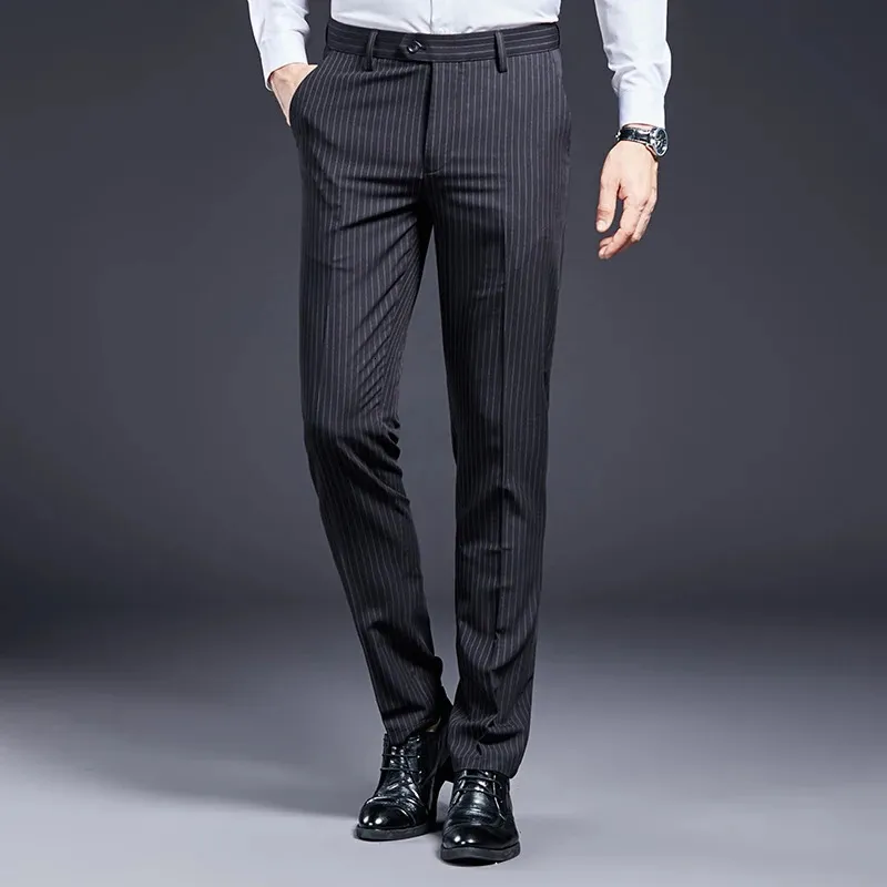 High Quality Men Suit Pants Smart Casual Office Trousers Business For Wedding Party Dress Mens Stripe 240117