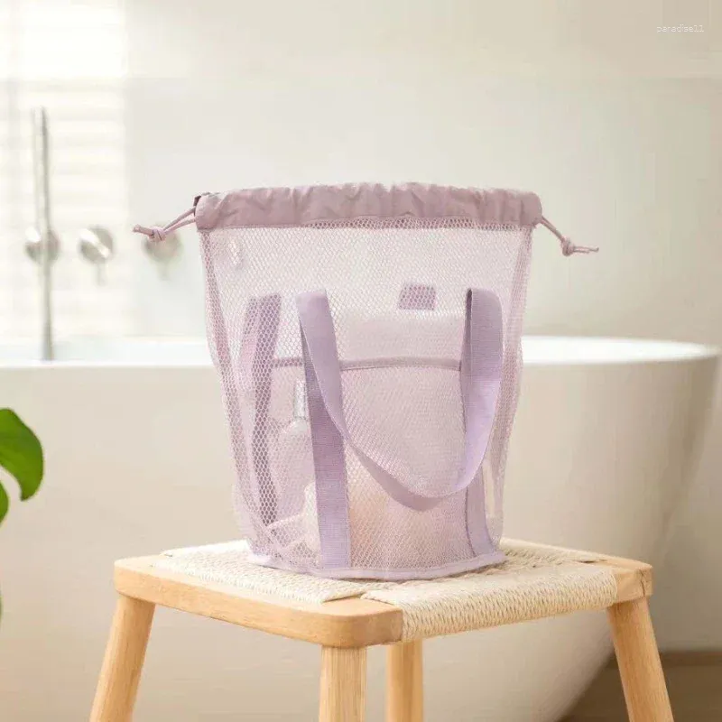 Sacs à cosmétiques de voyage, sac en maille et Nylon de grande capacité, organisateur pliable décontracté avec cordon de serrage, poche de rangement pour lavage de natation