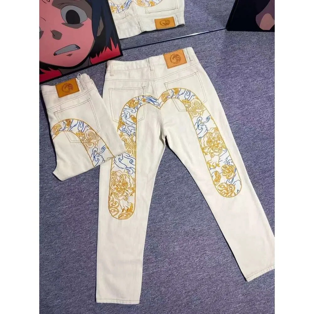 High End Fushen Big M Xiangyun broderad aprikos Jeans Herrstorlek Löst raka rörbyxor Kinesiska stil Casual Pants