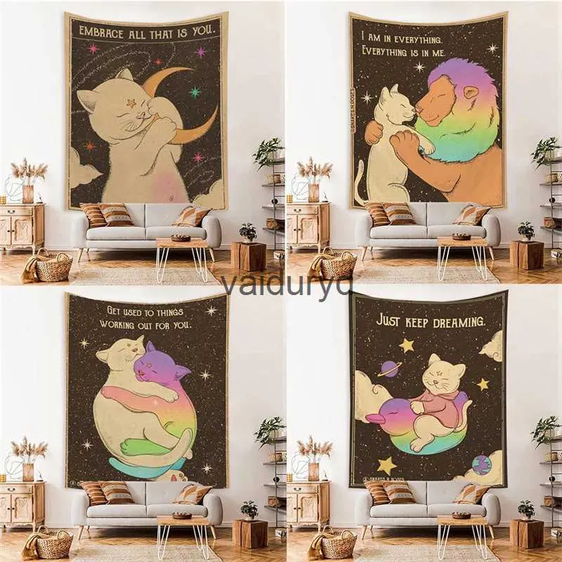 タペストリーかわいい猫タロットタロットタペストリー壁吊り布布ファブリックリビングルームのための太陽月アート大きな寝室の家の装飾h240514