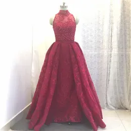 Prom Dresses Burgundy Mermaid Long Prom Dresses High Collar Lace Beading Formal Party Gowns Sequin Pleat Detachable Skirt