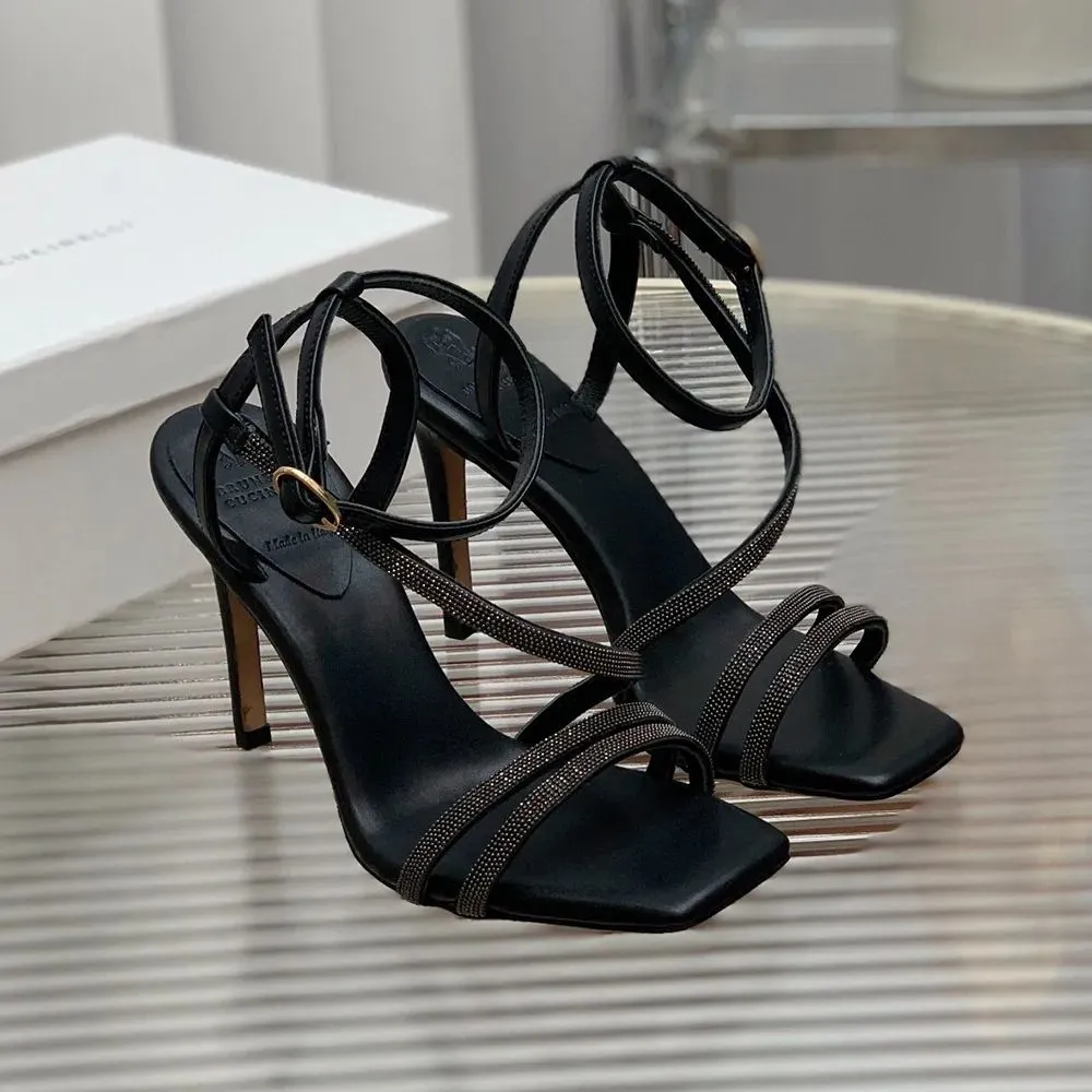 2024 Brunello Perline intarsiate Sandali decorati Tacchi Silletto con tacco 10 cm Punta quadrata Designer di lusso da donna estivi Suola in pelle Scarpe da festa da sera Con scatola