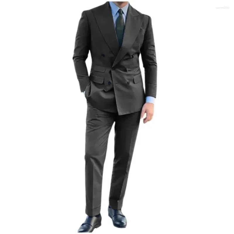 Men's Suits Dark Grey Mens 2 Piece Formal Groomsmen Wedding Tuxedos For Men Costume Homme Peaked Business Prom Blazer (Jacket Pants)