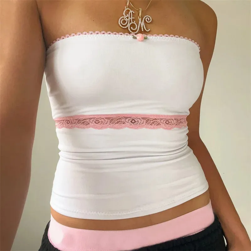 Retro Kawaii Lace Decoration Crop Women's Shoulder Strapless Sleeveless T-shirt y2k Fairycore Clothing Street Clothing 240118