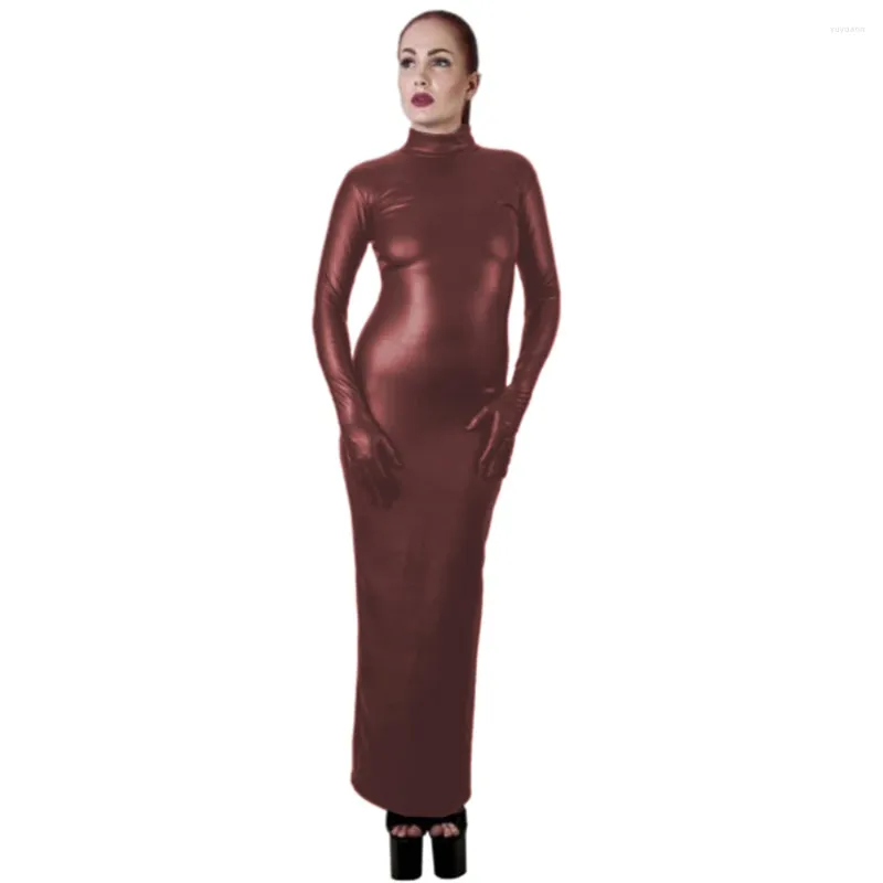 Casual Dresses High Quality Sissy Hobble Dress Wetlook PU Leather Bodycon Maxi With Gloves Man Male Pencil Club Party