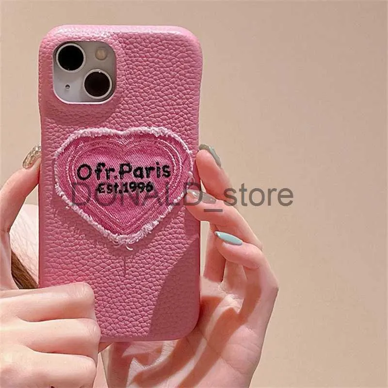 Casos de telefone celular ins menina rosa lichia impressão capa de telefone de couro para iphone 15 14 13 12 pro max 11 bonito denim amor coração shell capa traseira macia j240118