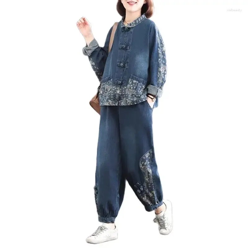 Женские брюки из двух предметов, женский джинсовый комплект, весна-осень 2024, женский винтажный джинсовый костюм с пряжкой и принтом, большой размер 2