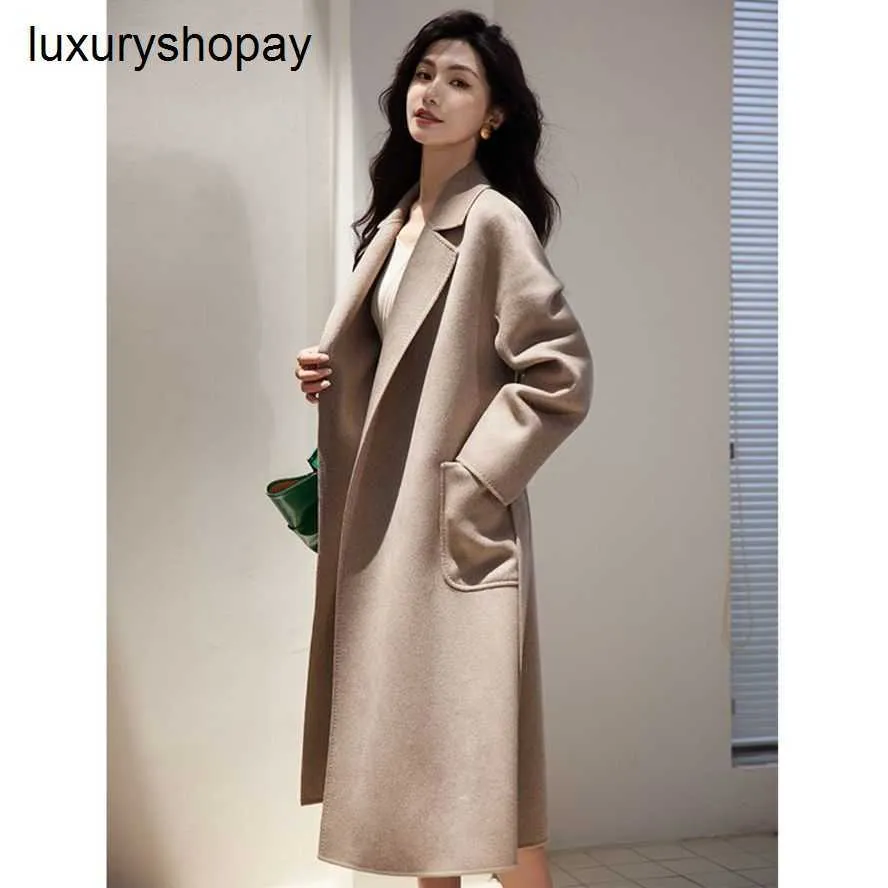 Top Maxmaras Cashmere Coat Womens Wrap Coats Oat Color Highend Water Ripple Doublesided 100 Pure Cashmere Coat for Womens Mid Length Labbro Woolen in Winter