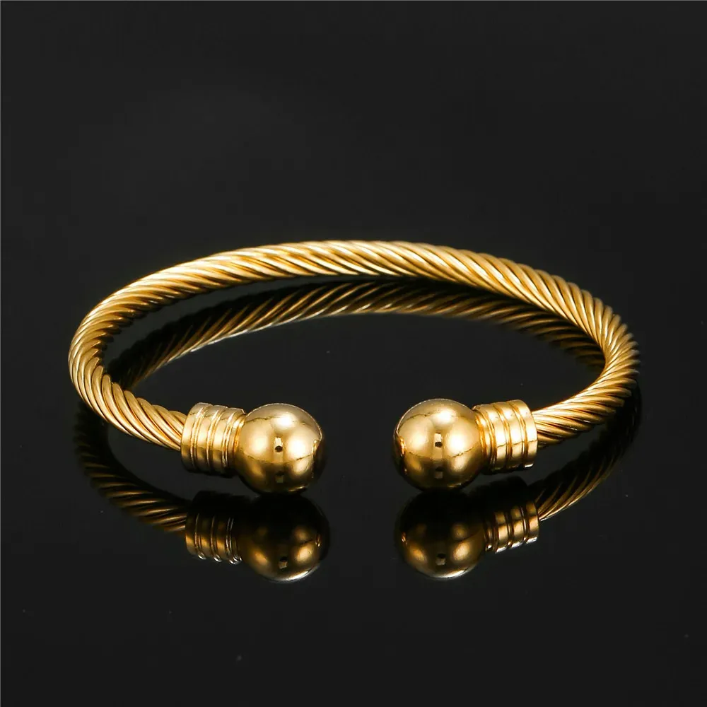 Bracelet à breloques en acier pour femmes, boule à manchette ouverte, en acier inoxydable, couleur or, câble métallique, bijoux à la mode, 240117