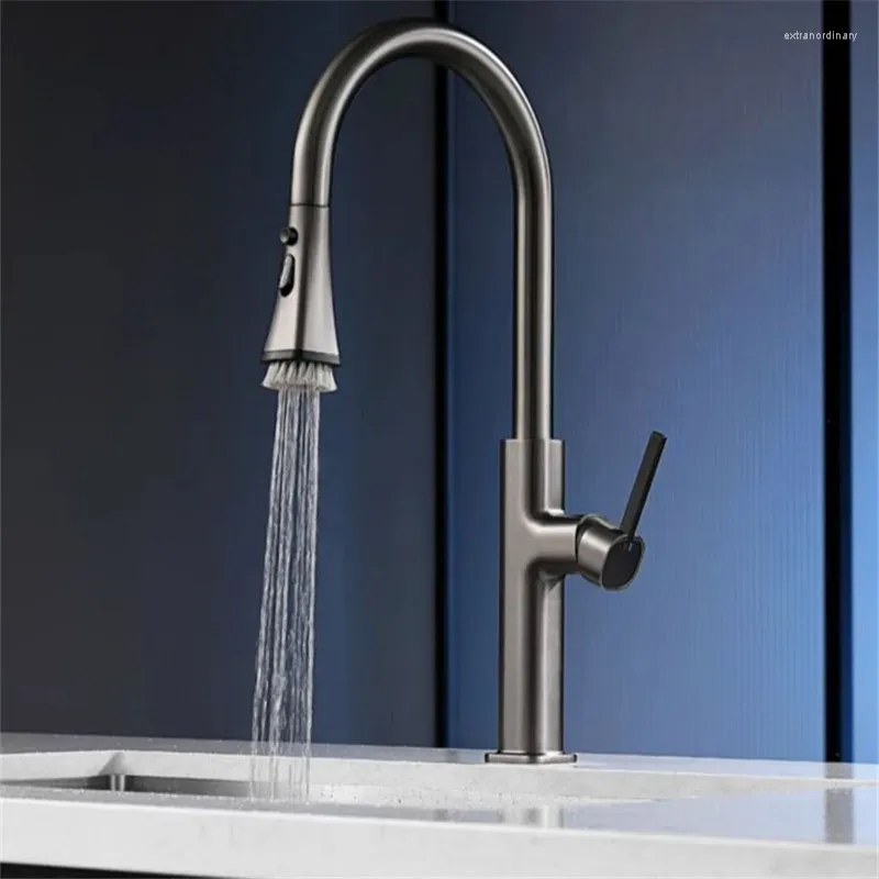 Kitchen Faucets Brass Mixer Sink Taps & Cold Pull Out Type Single Handle With Brush Rotating Gun Grey/Gold/Chrome/Black