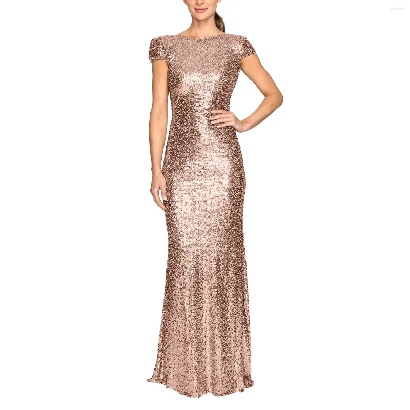 Casual Dresses Sequined Long U -formade rygglösa promklänningar Kvinnor Elegant Sexig höft kramar Rose Gold Maxi Dress Sleeve Party Evening
