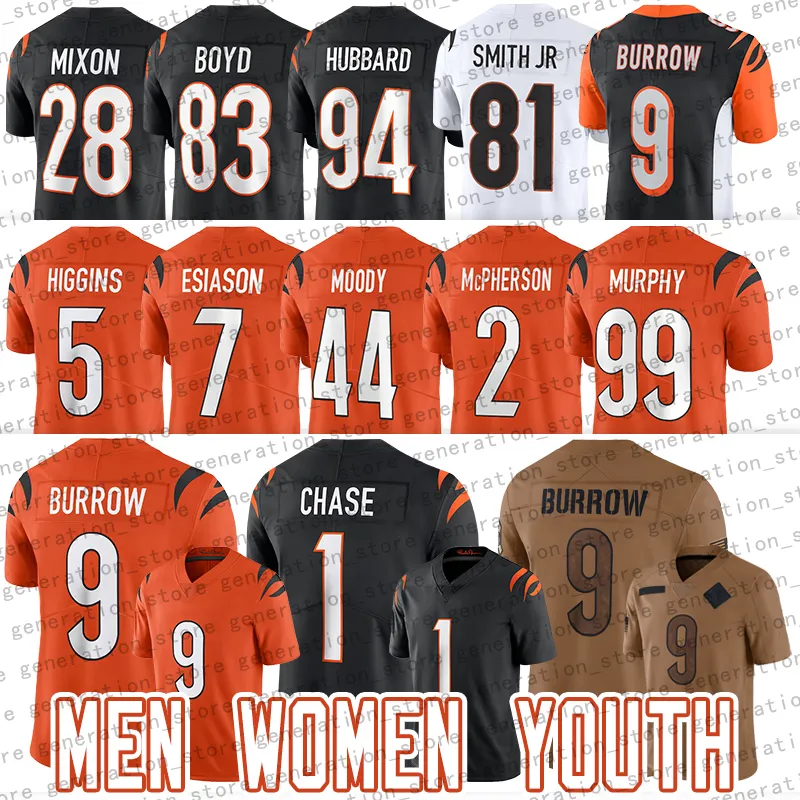 Partihandel 9 Joe Burrow Cin Football Jersey Cincinnatis Bengal Jamarr Chase Evan McPherson Cam Taylorbritt Tee Higgins Joe Mixon Logan Wilson Irv Smith Jr Myles Murph