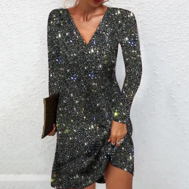 Abiti casual Miniabito scintillante Lucido A-line con paillettes Scollo a V Party Club per donna Tinta unita Morbido e traspirante