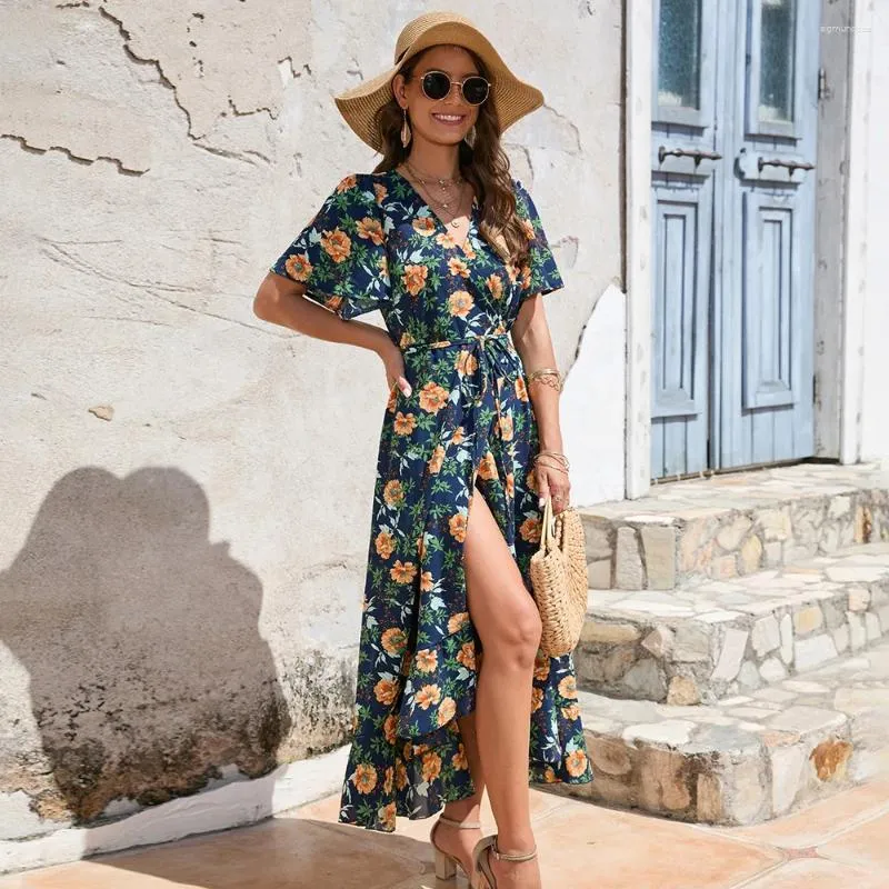 Vestidos de festa Canwedance Ruffled Wrap Dress V Collar Manga Curta Algodão Maxi Floral Impresso Boho Lace-up Beach Summer Vestidos