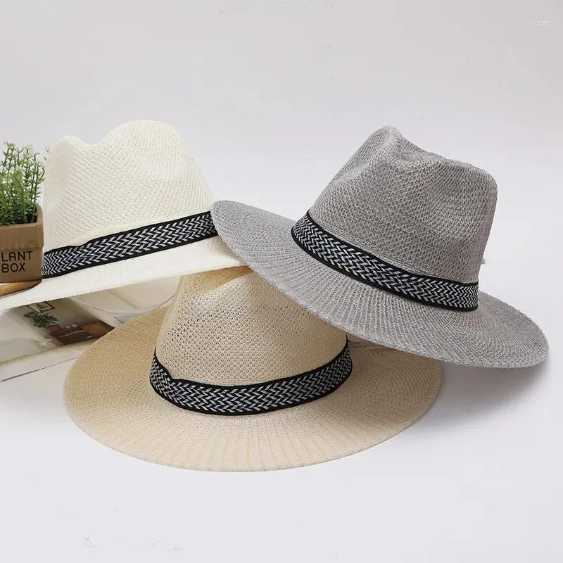 Berretti Cappello di paglia Panama estivo per uomo Donna Spiaggia a tesa larga Sole Cappelli a cilindro jazz maschile Cappellini da cowboy per parasole da esterno