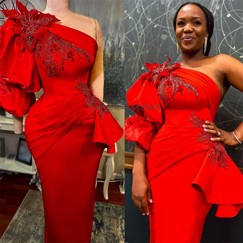 Luxury Red One Shoulder Prom Dress for Black Girls Luxury Pärled Crystal 3D Florals aftonklänning Mermaid golvlängd Satin Vestidos de Fiesta 2024 Formell fest