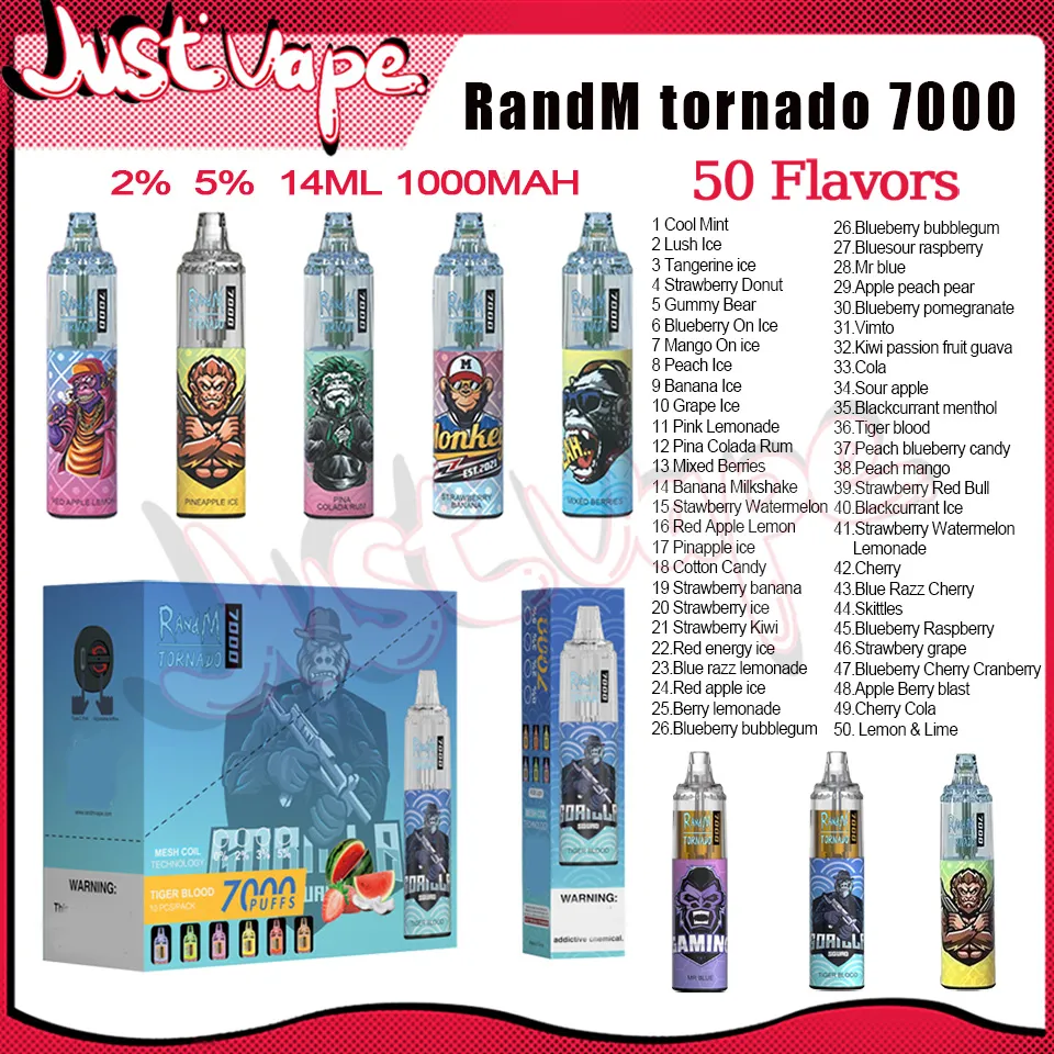 Originele RandM Tornado 7000 Bladerdeeg Wegwerp Vape Pen Elektronische Sigaretten 14 ml Pod 6 Kleuren Oplaadbare Luchtverstelbare Apparaat Rookwolken 7k Retail