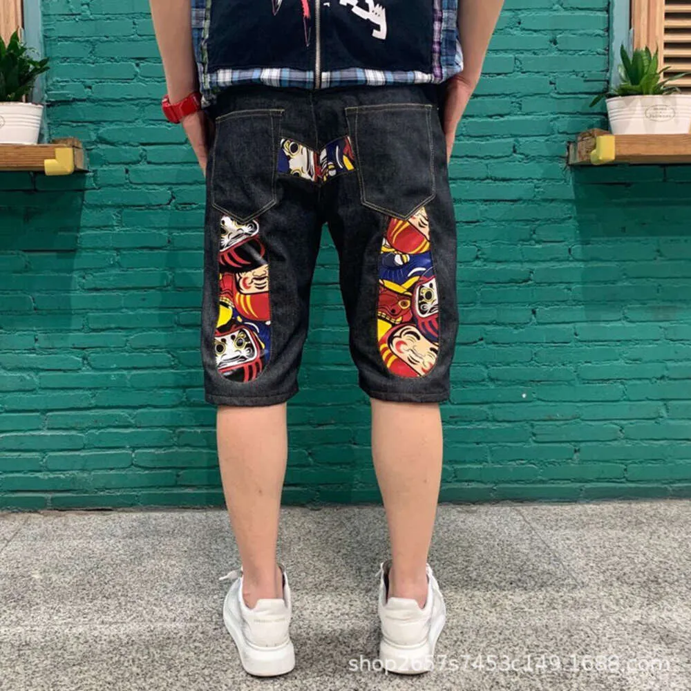 Longteng Fushen Jeans, Unisex Koreaanse versie van Damo Shorts, originele maat, grote M print, slim fit, broek met rechte pijpen, trendy