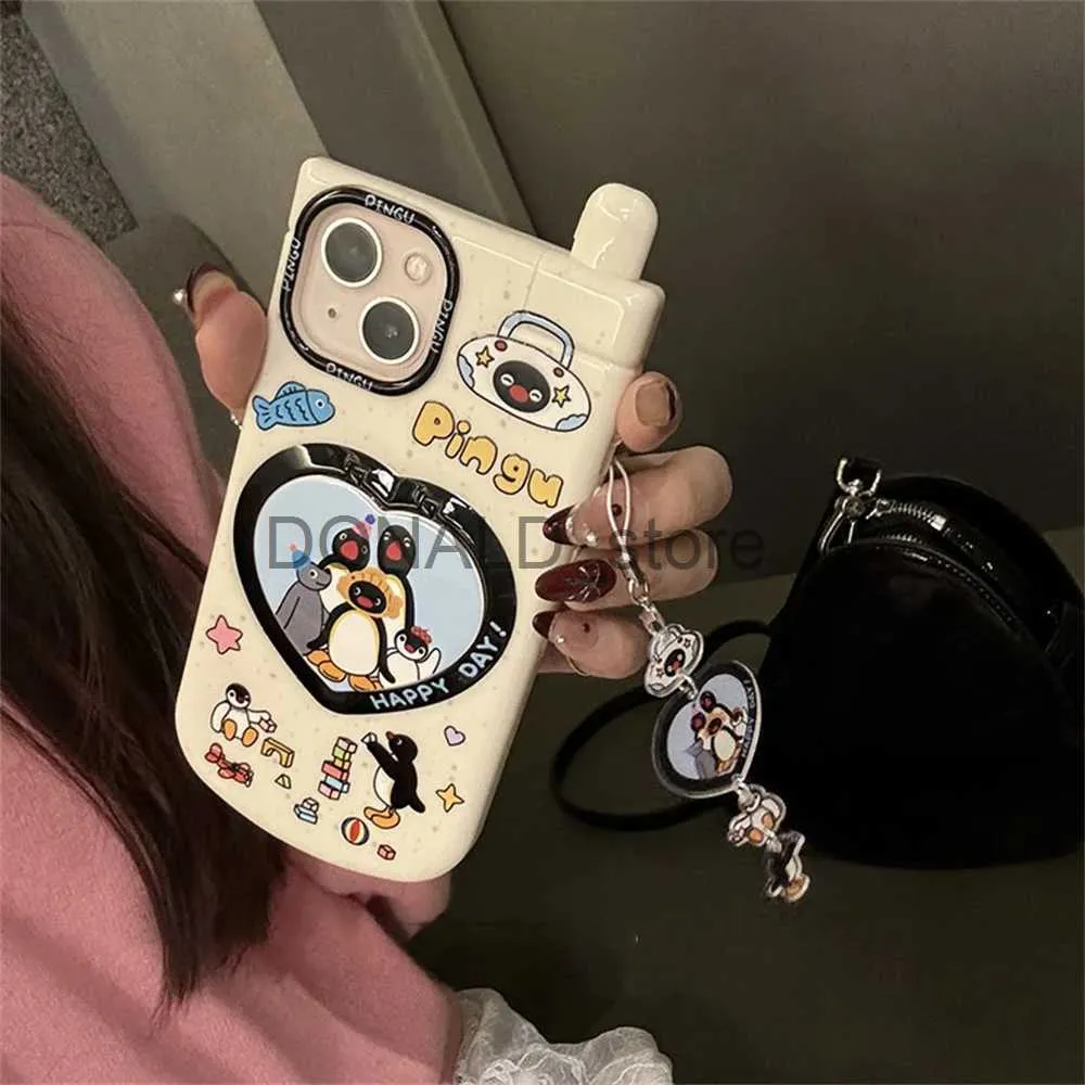 Cajas del teléfono celular Coreano lindo pingüino de dibujos animados colgante 3D corazón espejo caso para iPhone 15 14 13 12 Pro Max 11 15pro elegante cubierta protectora suave J240118