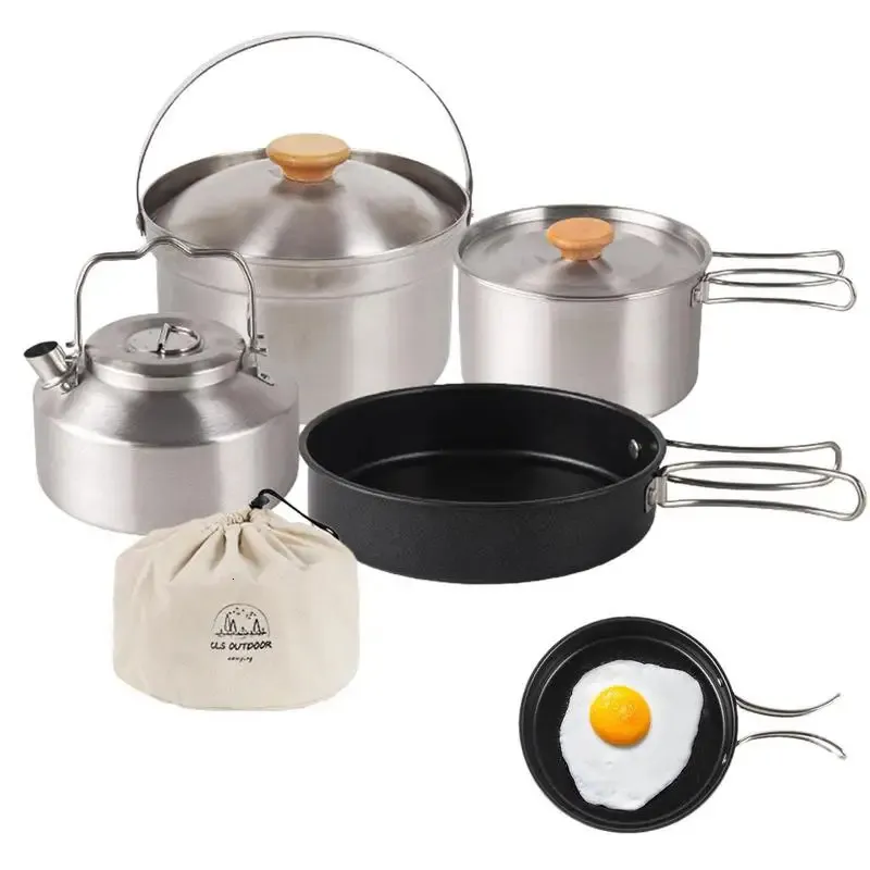 Batterie de cuisine de Camp 4 pièces casseroles et poêles de Camping randonnée sac à dos cuisinier poêle antiadhésive en acier inoxydable 240117