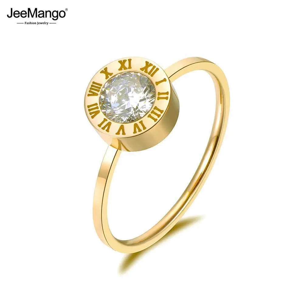Pierścienie zespołowe Jeemango Biżuteria ze stali nierdzewnej Rundy AAA cyrkon rzymskie numery podstawowe modele Anillos Mujer Rose Gold Kolor Pierścienie Aneau JR18139 J240118