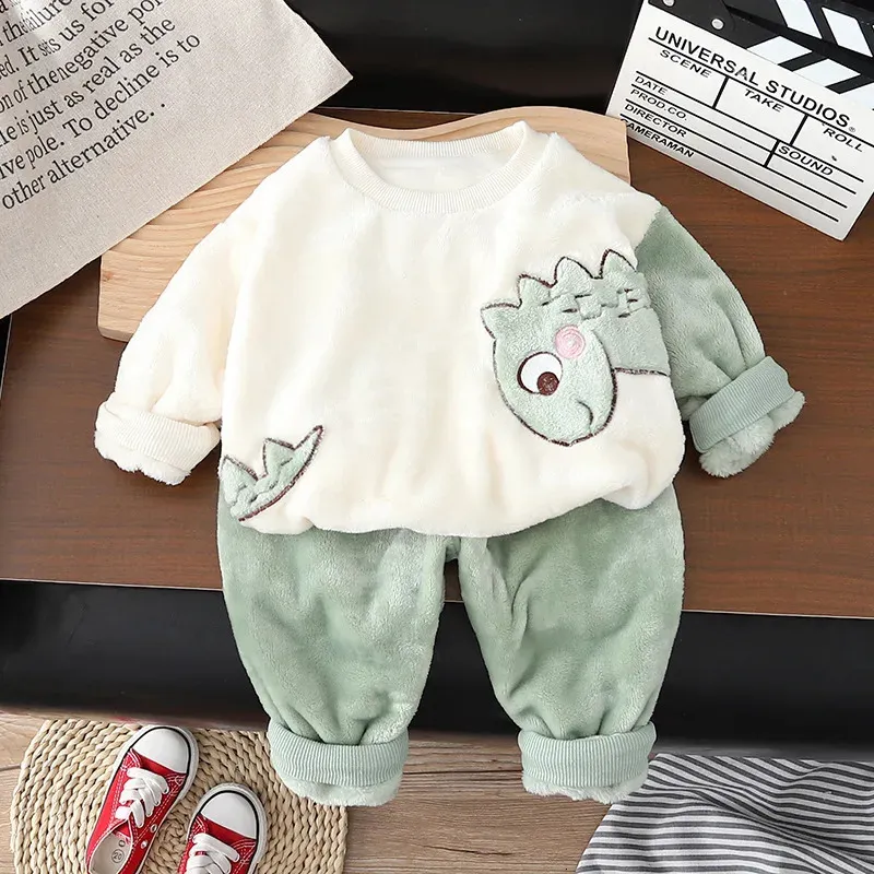 Autumn Winter Children Boy 2PCS Clothes Set Dinosaur Spliced Sweatshirt Solid Fleece Pant Baby Boy Sleepsuit Kid Boy Outfit 240117