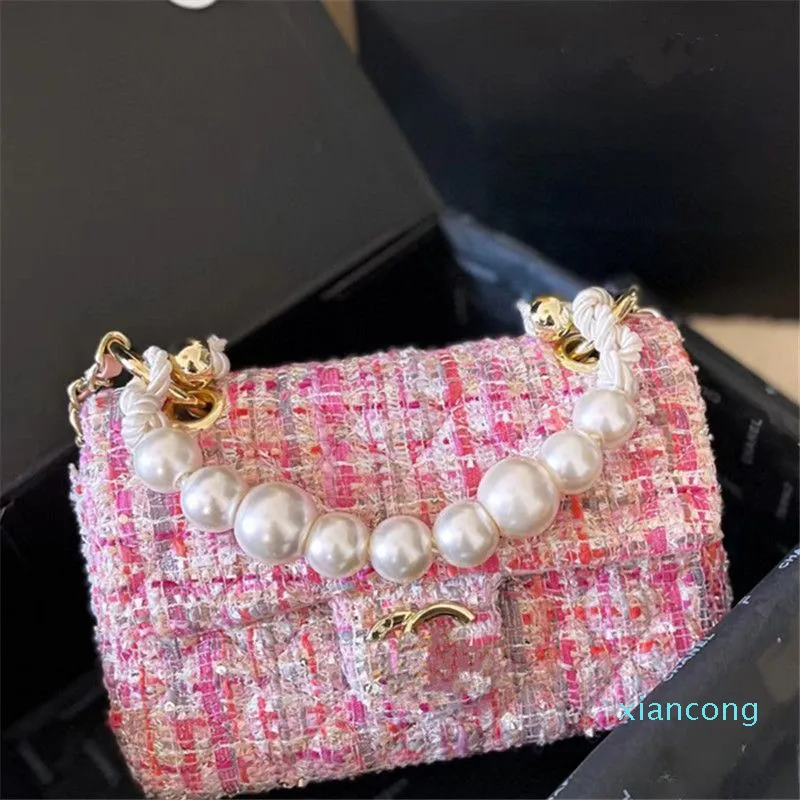Sacs à main en laine tissés à la mode, sacs à chaîne à carreaux en diamant, petit sac carré en perles