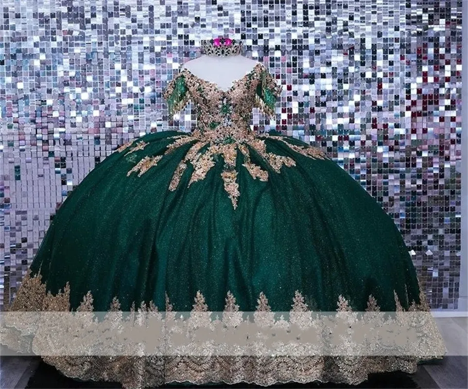 Księżniczka Hunter Green Cearówek Quinceanera Sukienki z koronkową aplikacją Kryształy Kryształy Tassels rocznicowy suknia balowa