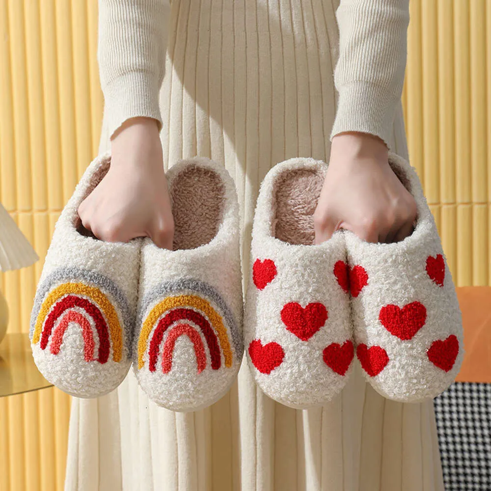 Cross Border Mushroom Hot Selling Winter Smiling Face Peach Heart Cotton Slippers for Women's Wholesale Indoor Home Rainbow Plush Warm Slippers