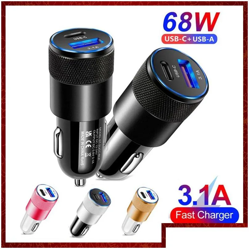 Car Charger 68W Pd Usb Type C Fast Charging Phone Adapter For 13 12 Xiaomi Huawei Samsung S21 S22 Quick Charge 3.0 Automotive Electron Dhb1U