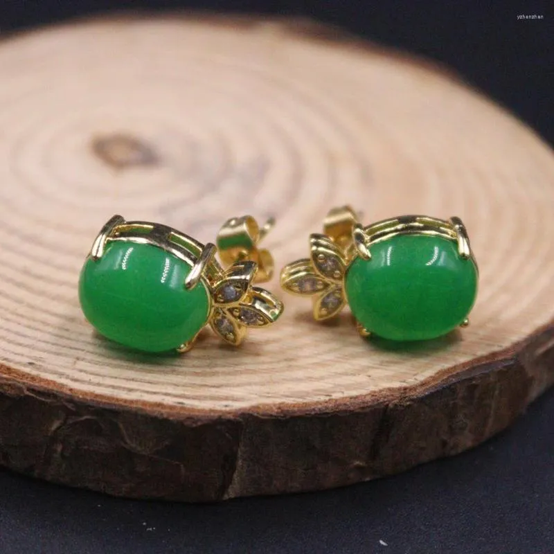 Pendientes de tuerca Pendientes Gp de jade real Chapado en oro de 18 quilates Mujer Piedra preciosa verde amarilla Circón Poste calefactor 18 17 mm