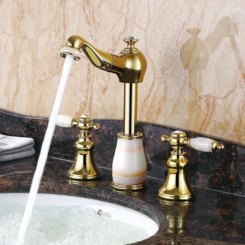 Rubinetti per lavabo bagno Luxury Gold 3 fori 2 maniglie Rubinetto in ottone Miscelatore lavabo su e giù Vasca estraibile di alta qualità