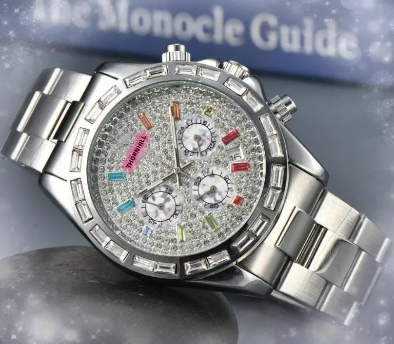 ICE Out Hip Hop Men's Colorful Diamonds Ring Shine Starry Dial Watches 42mm Stainless Steel Quartz Battery Multi-Function Chronograph watch orologio di lusso gifts