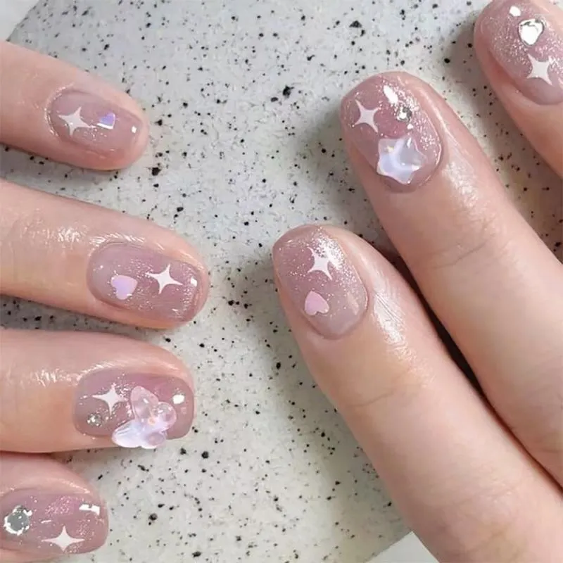 Kunstnagels 24 stks 3D Ster Strass Nep Patch Glanzend Roze Koreaanse Volledig Afgewerkt Meisje Vrouwen Draagbare Kunstnagel