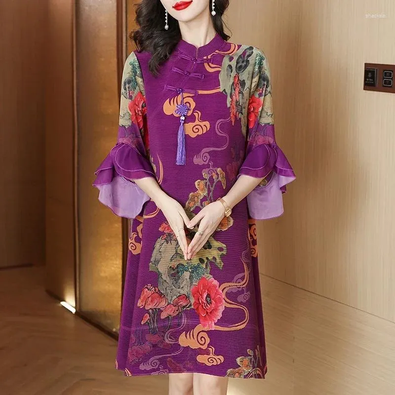 Casual Jurken Chinese Stijl Verbeterde Cheongsam Print Feestjurk Dames Retro Opstaande Kraag Chic Bell Mouwen Losse Miyake Geplooid