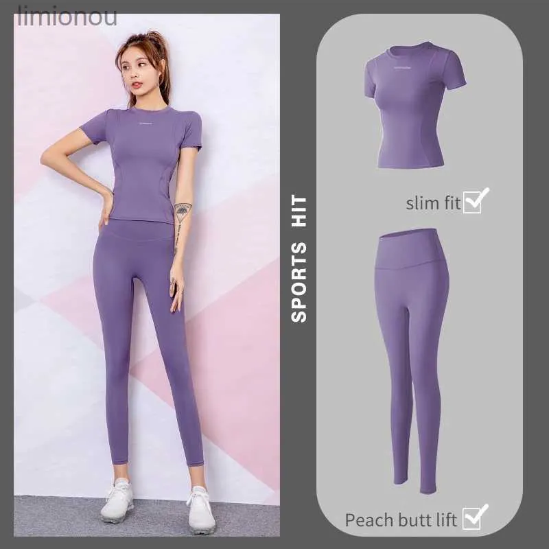 Ensembles actifs Nouveau ensemble De vêtements De Yoga femmes Fitness course cyclisme vêtements De sport 2 pièces sans couture serré hanche ascenseur Yoga pantalon T-Shirt Ropa De YogaL240118