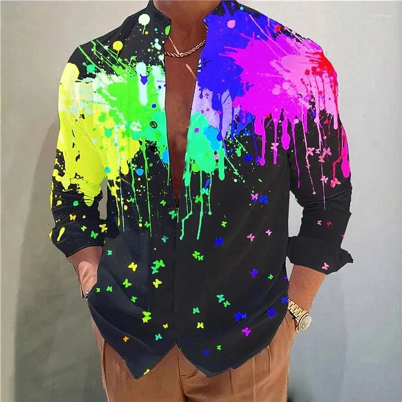 Camisas casuais masculinas camisa graffiti cor tinta irregular topo camiseta gola botão confortável macio esportes moda 2024