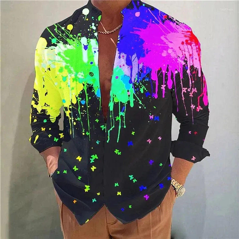 Men's Casual Shirts Shirt Graffiti Color Ink Irregular Top T-shirt Stand Collar Button Comfortable Soft Sports Fashion 2024