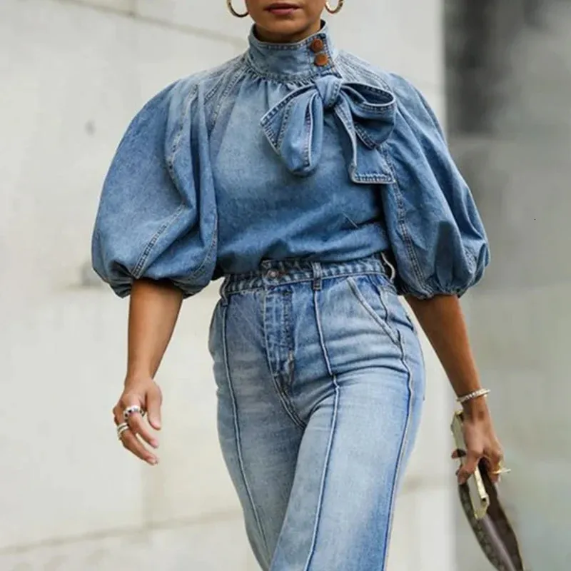 2023 Automne Hiver Bleu Denim Top Bubble Manches Bouton Lacet Vêtements Mode Casual Élégant Bow Ceinture Veste Courte pour la Rue 240117