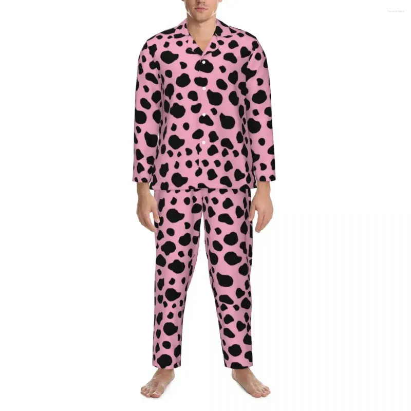 Men's Sleepwear Pajamas Male Cow Spots Bedroom Nightwear Animal Skin Print 2 Pieces Casual Pajama Set Long Sleeves Soft Oversized Home Suit