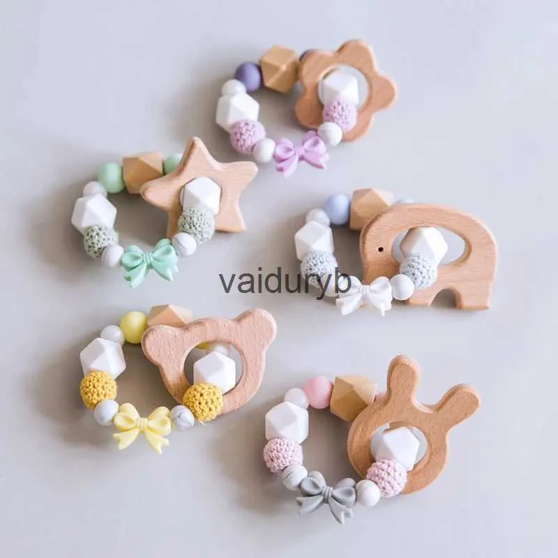 Mordedores Brinquedos 2 PCS Pulseira De Enfermagem Bebê Chupeta Cadeia Silicone Arco Chupeta Clips Cartoon Animal Mordedor De Madeira Personalizado Crochet Beadsvaiduryb