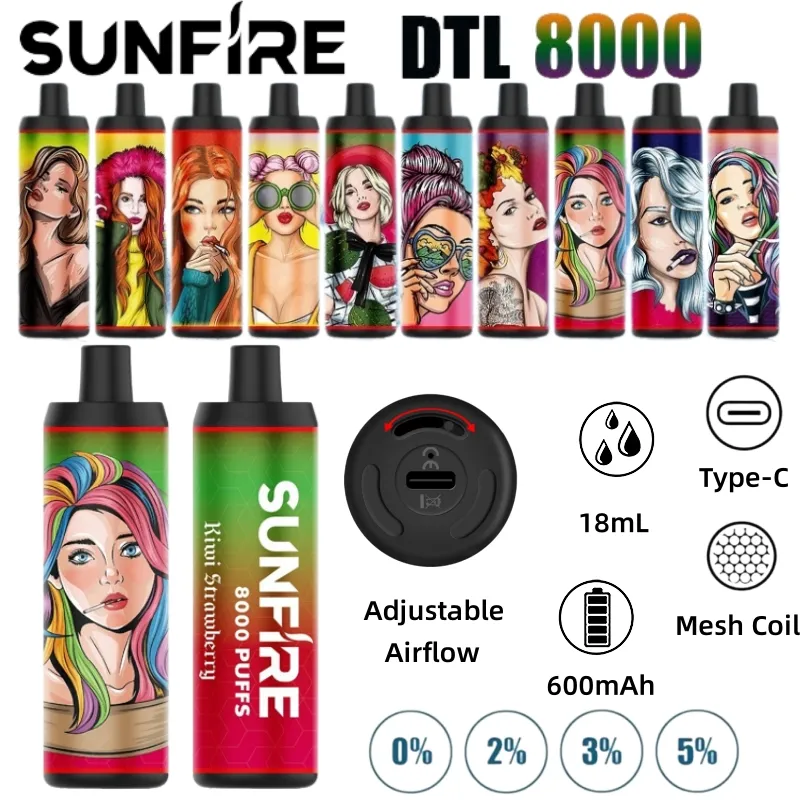 Genuine Sunfire max DTL Vape 8000 9000 10000 Puffs Disposal Ecigarettes with Adjustable Airflow 0% 2% 3% 5%Type-C 600mAh Battery Disposable Vape Bars Tailand France US UK