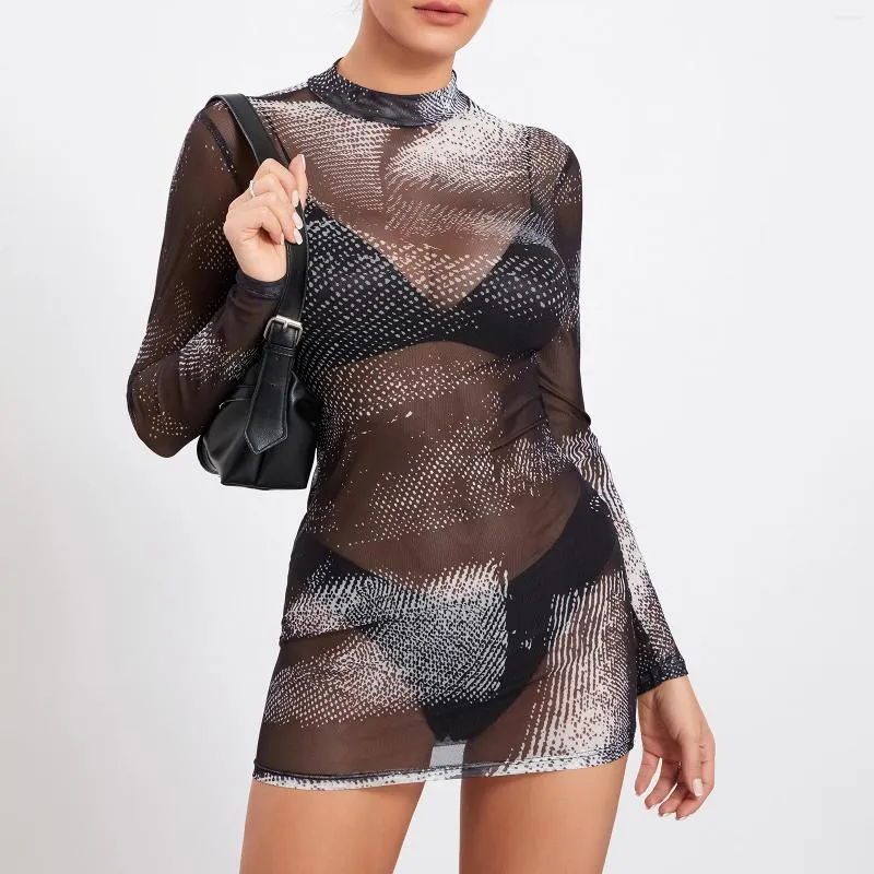 Casual Dresses Women Mini Bodycon Dress Glitter Print Mock Neck Long Sleeve Mesh Sheer Spring Fall Fashion Party Club